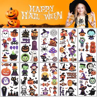 10 Pezzi Tatuaggi Temporanei di Halloween Cartoni Animati Zucca Fantasma Pipistrello Ragno Adesivo Temporaneo Gadget Festa di Compleanno per Bambini Regali Ragazzo Ragazza