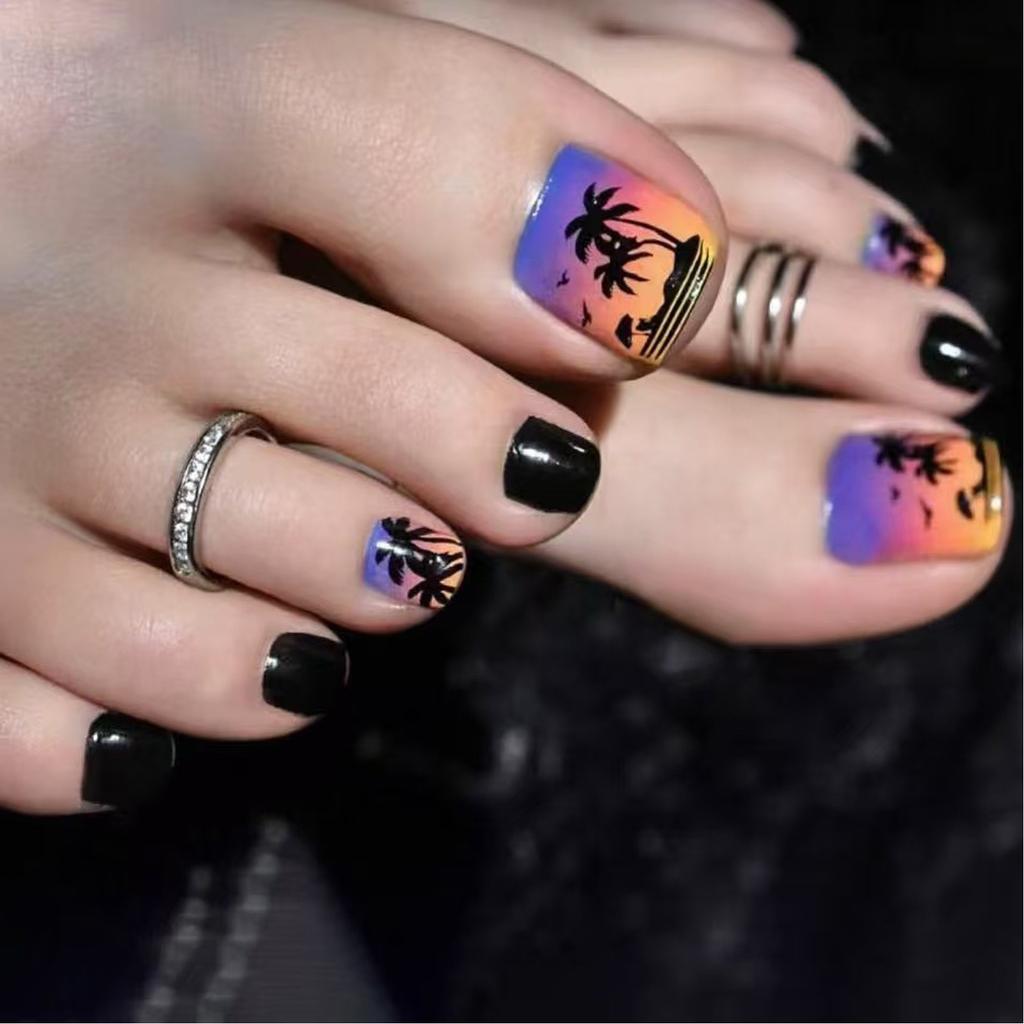 Press On Toenails Square Glossy French Tips Fake Toe Nail with Design Acrylic Artificial False Toenails Glues On Toenail