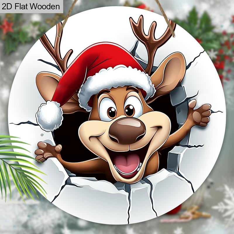 Cartoon Elk Christmas Wooden Sign - Navidad Round Artwork for Front Door, Wall Hanging Decor - Ideal Christmas Decoration