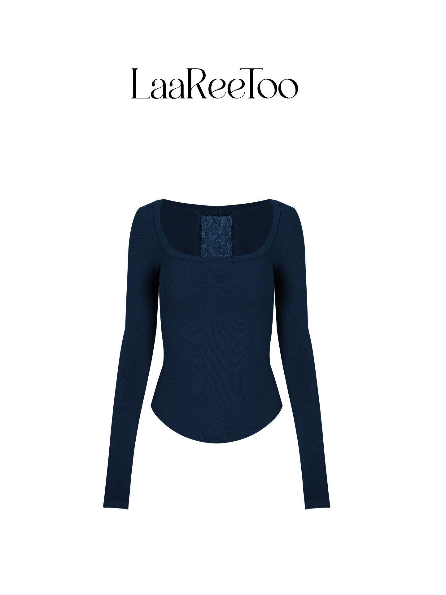 Chic U-Neck Long-Sleeve Lace Patchwork Top with Hollow Back for Women – Slim Fit Spring Style XL темно-синий