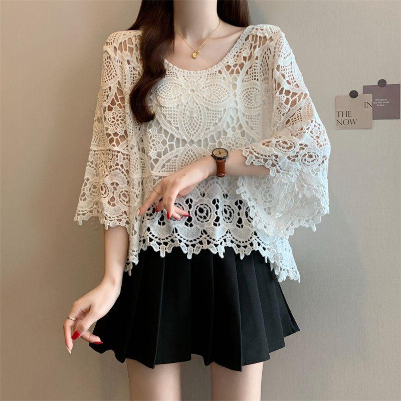 Korean Style Plus size women clothing Chubby Girl Spring/Summer Crochet Hollow Bell Sleeve Knit Casual Shirts Sun Protection Clothing M-4XL