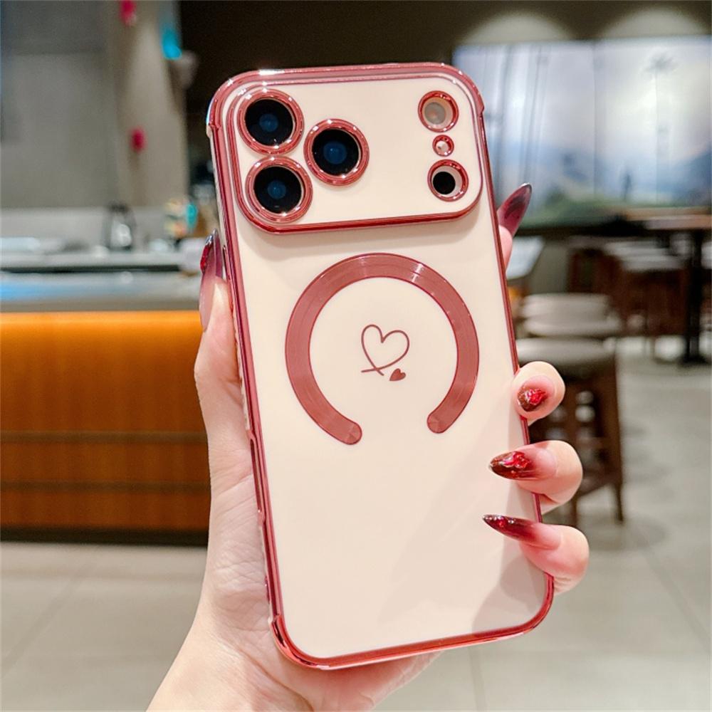 For iPhone 17 Pro Case Compatible with MagSafe Electroplated TPU Phone Cover Hollow Love Hearts D