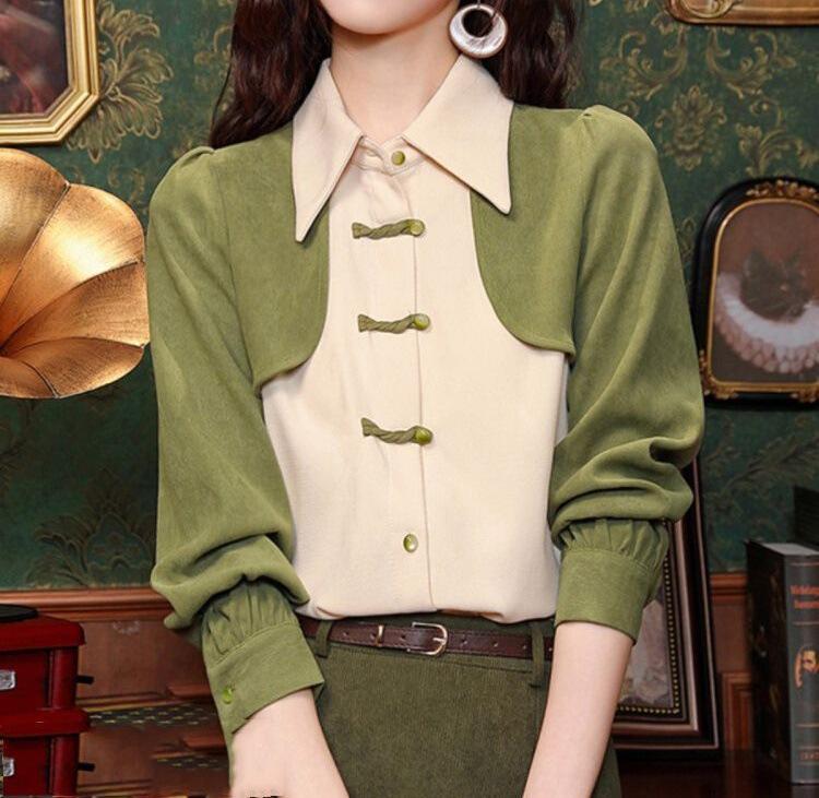 

Женский весенний топ 2025 года в новом китайском стиле с длинным рукавом и застежкой на пуговицы-лягушки – дизайн «двойка» 5XL 170-185 lbs зелёный