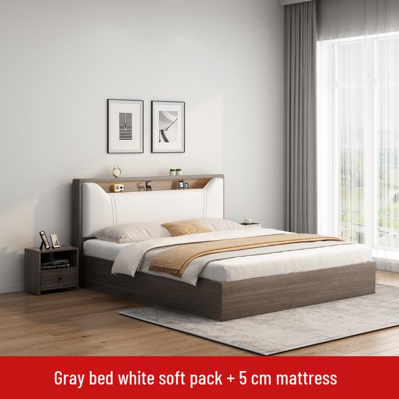 Modern Minimalist Solid Wood Panel Bed - Double (1.8m) or Single (1.2m) for Master Bedroom or Rental Room