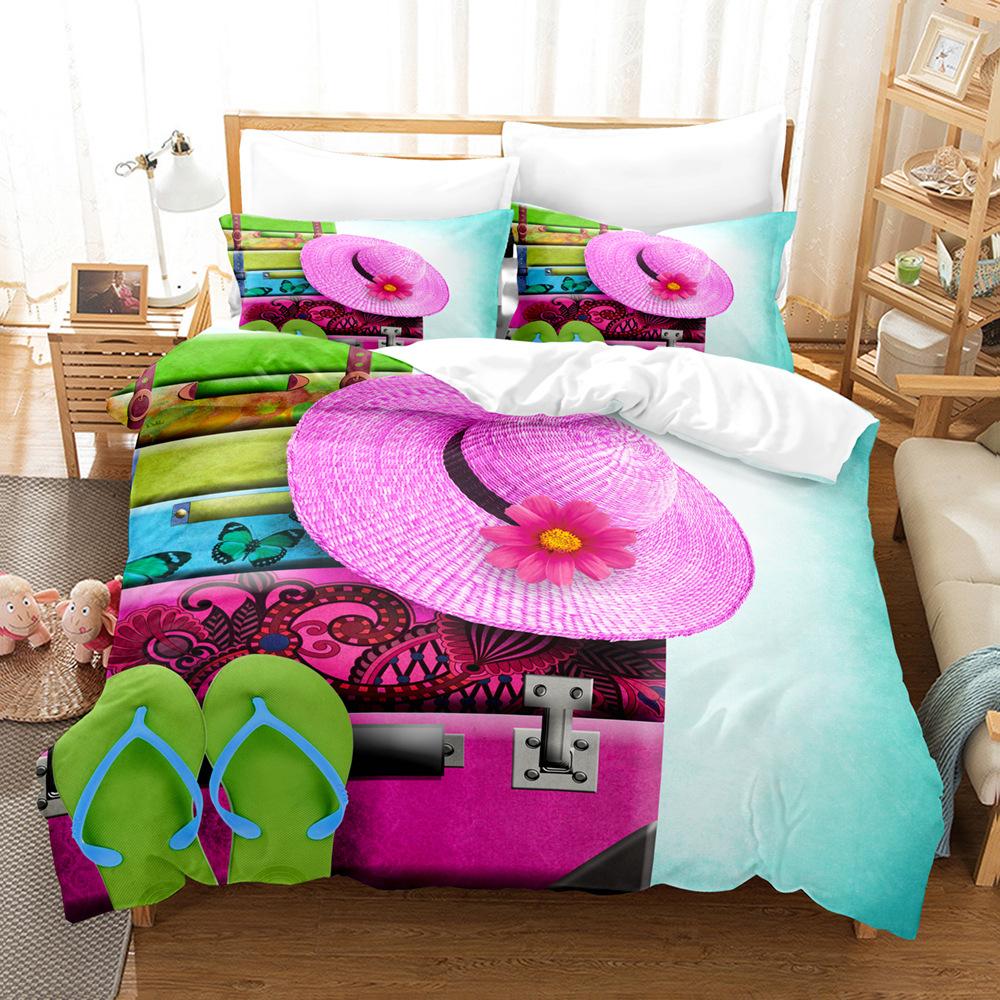 

Summer Leisure Vacation Straw Hat Beach Digital Printing Abrasive Bedding Four-Piece Three-Piece Set 135X200 quilt two-piece set