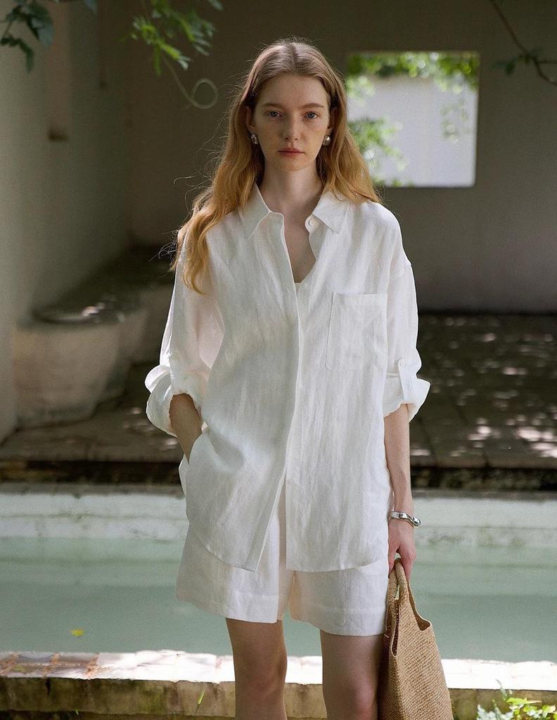 Leinen Oversize Hemd und Shorts Set - Weiß, Lässiger Sommerstil