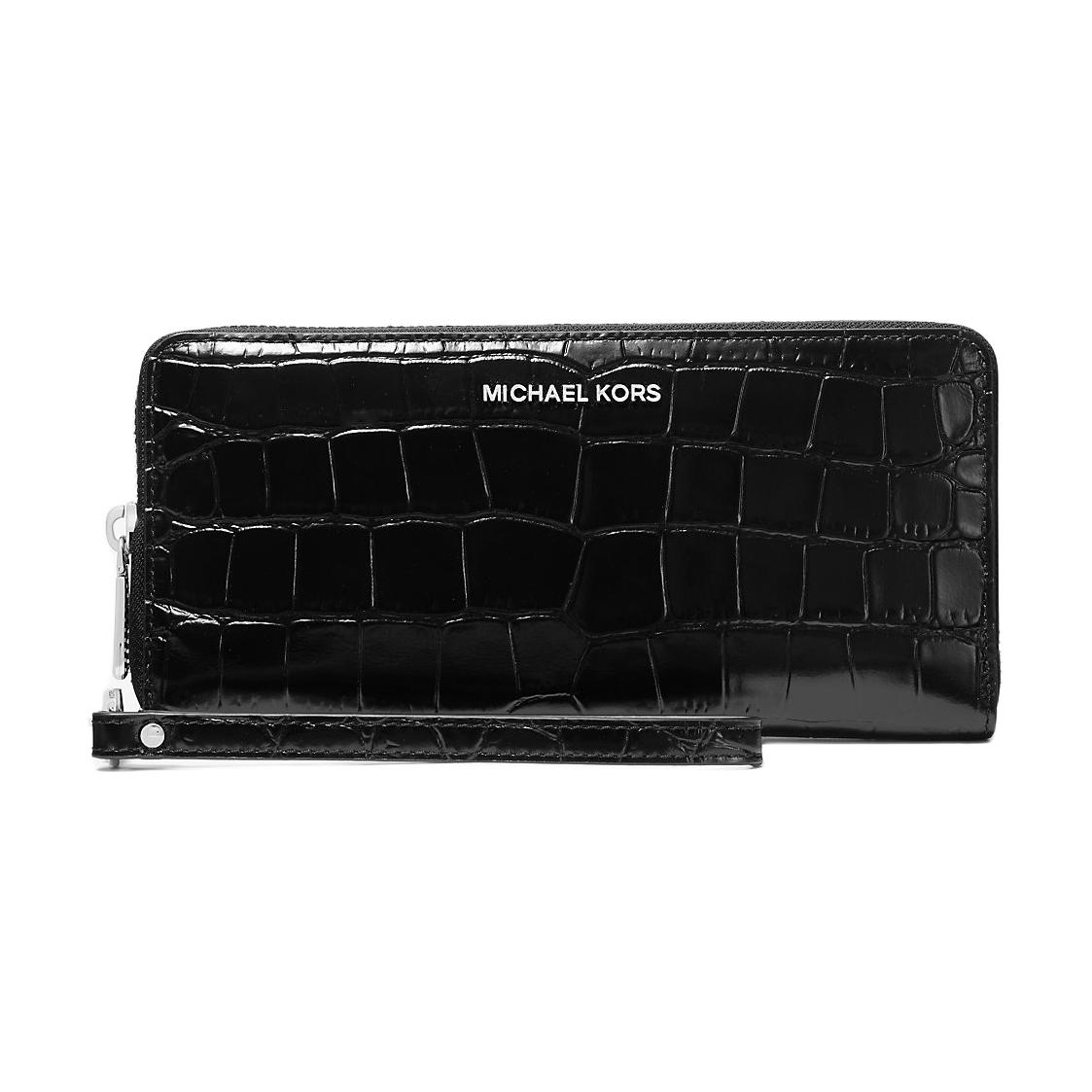 Michael Kors MK Jet Set Travel Logo Zip Closure Crocodile Embossed Leather Wallet Women wallet Black 32F4SJ6T3E-BLACK Basic Set (Bag+Box)