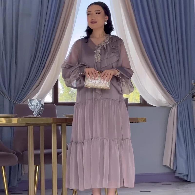 

Летнее женское элегантное платье с однотонной расцветкой, оборками и сетчатой вставкой 3X-Large фиолетовый