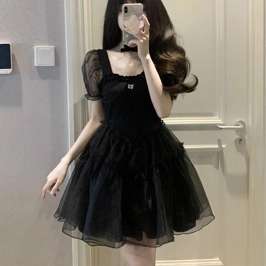 First Love French Retro Black Pure Desire Dress Women's Summer Design Niche Bubble Sleeve Mesh Fluffy Short Skirt