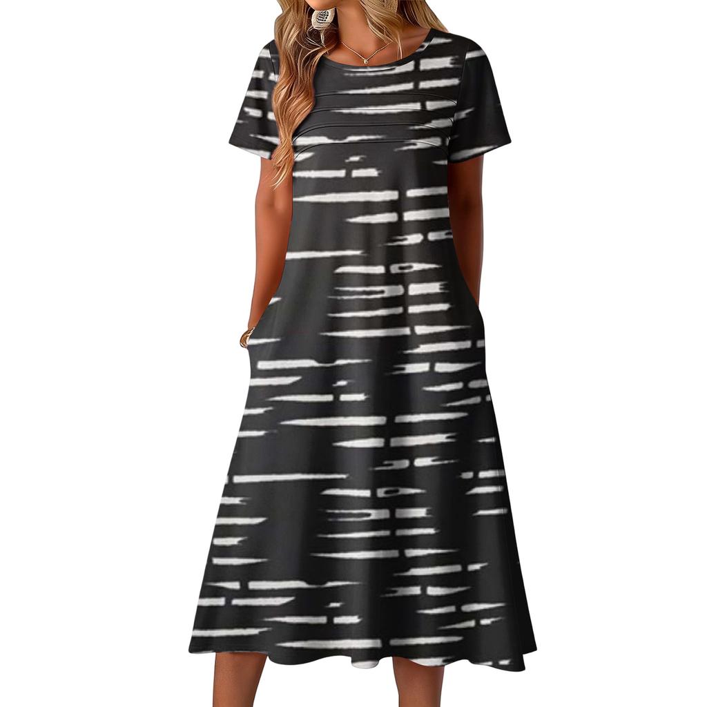 Ladies' Striped Printed Casual and Fashionable Short Sleeved Round Neck Dress