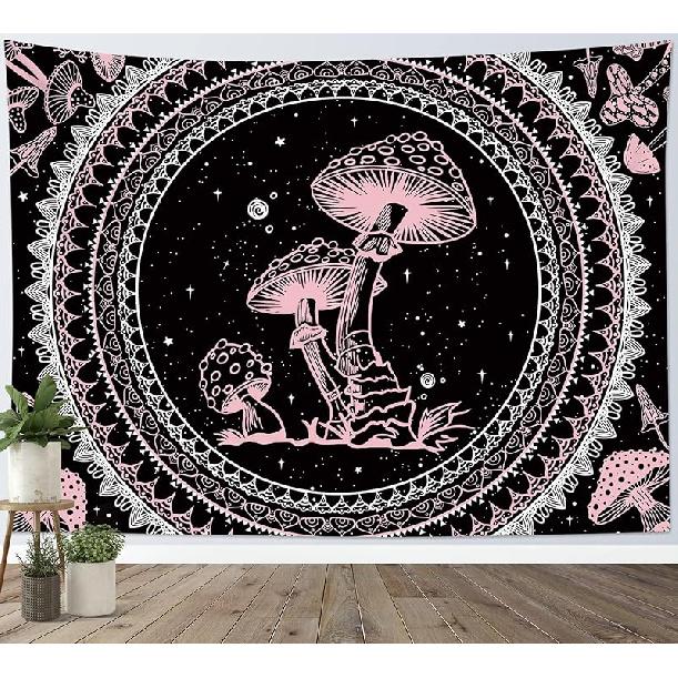 SCECALA Purple Mushroom Tapestry Boho Mandala Pattern with Purple Mushroom Wall Tapestry Black and White Star Wall Hanging for Bedroom Living Room 40L x 60W