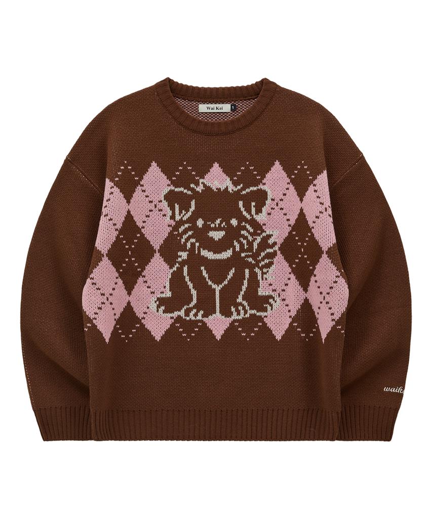 WAIKEI Drawing Puppy Argyle Knit Brown