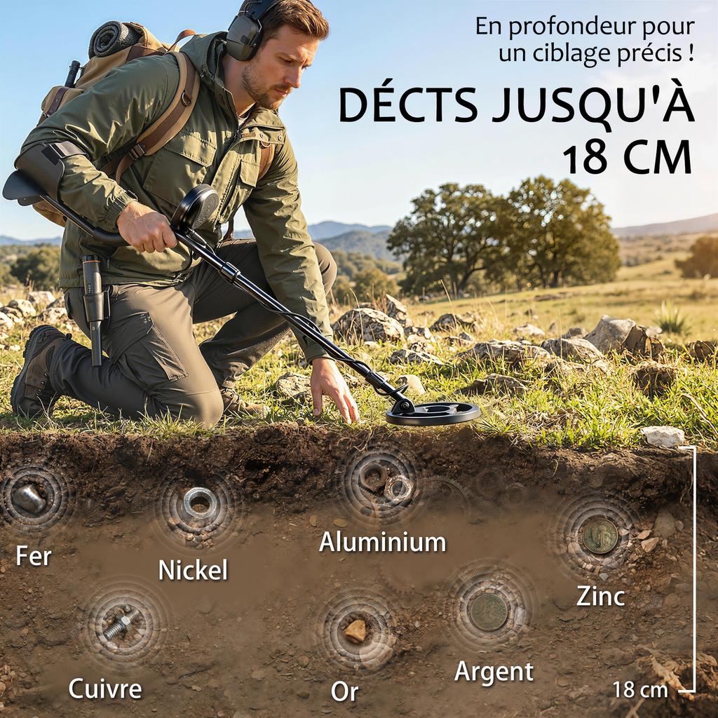 Metal Detector, IP68 Waterproof Coil, LCD, 3 Modes, Shovel