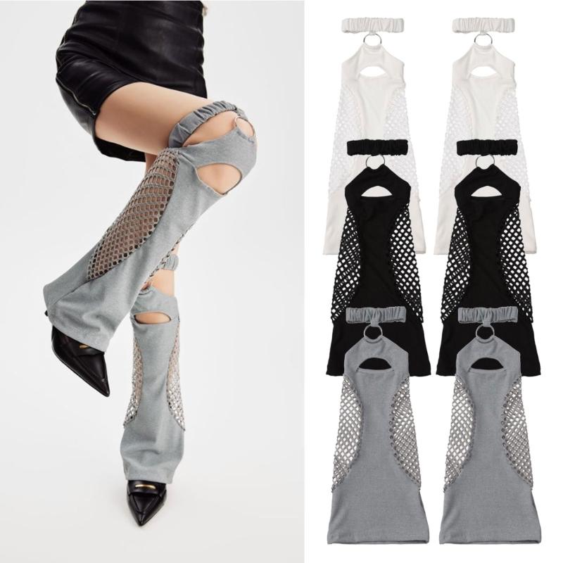 Women Harajuku Suspender Flared Leg Warmer Aesthetic Punk Garters Stockings Hollow Out Fishnet Leg Cover Streetwear
