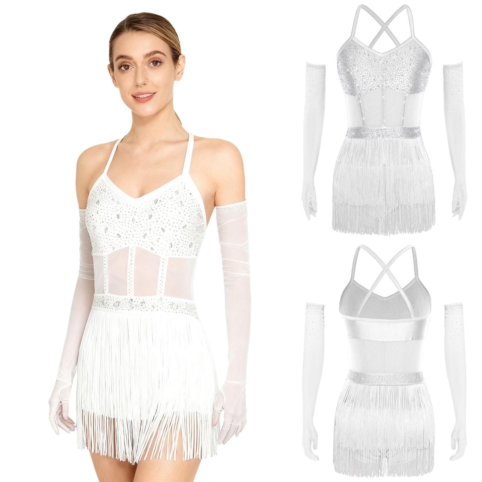 

Women s Performance Dance Dress S-XXL: Sheer Mesh & Rhinestone Bodysuit with Tiered Tassel and Long Gloves for Tango M