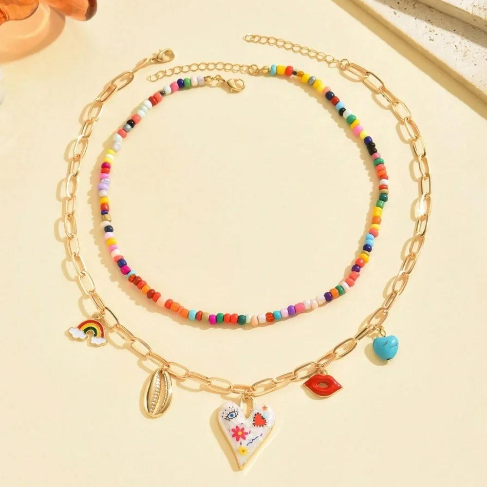 Bohemian Multilayer Handmade Beads Chain Necklaces Tassels Colorful Love Oil Drop Pendant Jewelry for Women Girl