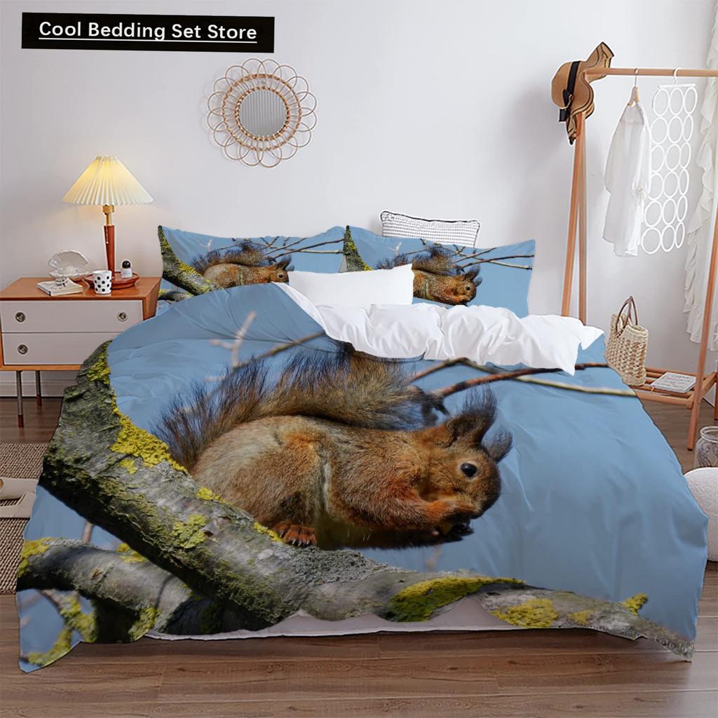 3D Squirrel King Queen Duvet Cover Soft Wildlife Green Leaves Bedding Set for Kids Teens Adults 2 3pcs