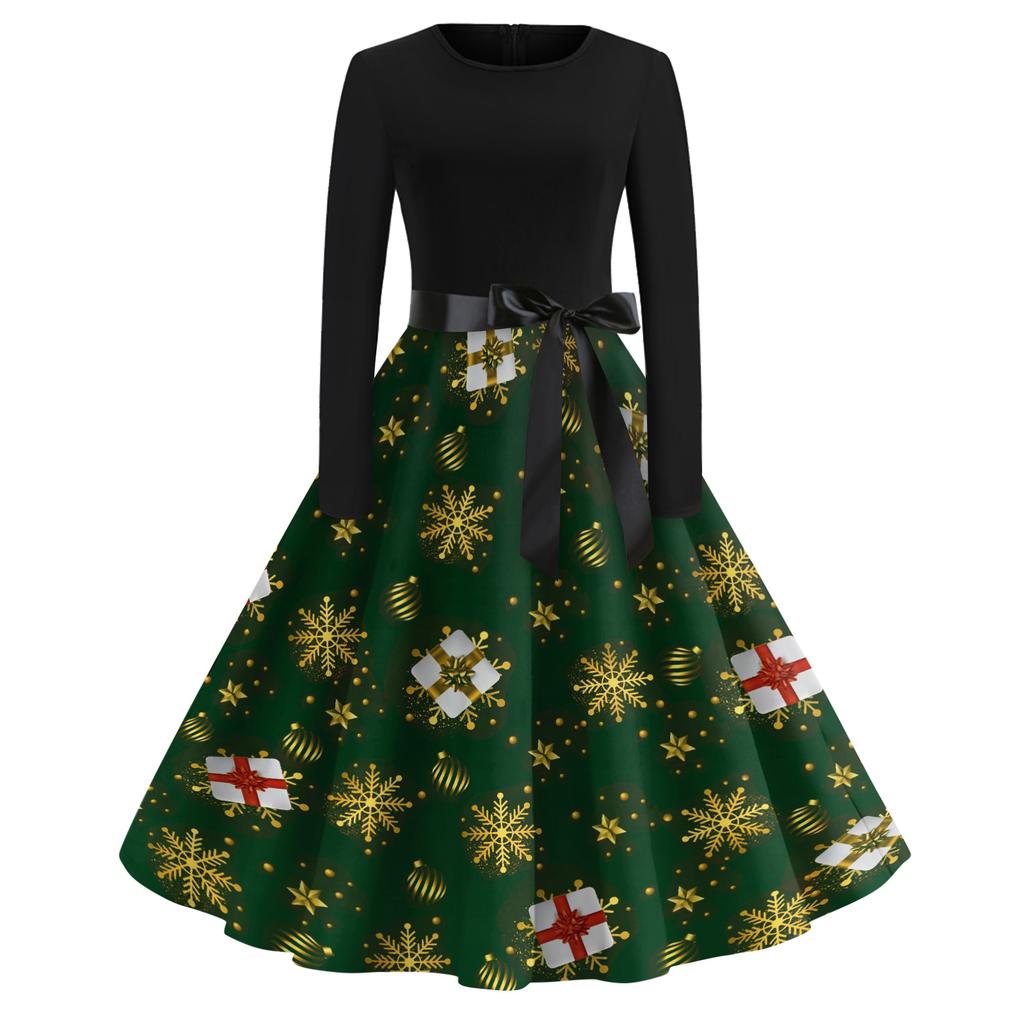 Kvinners avslappet mote langermet julegrafisk trykt vintage lange kjoler