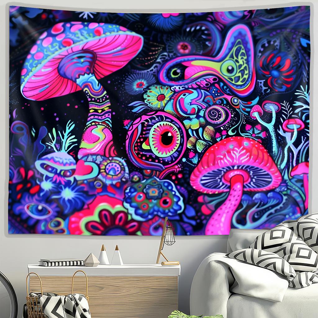 VIKAMA Psychedelic Mushroom Forest Tapestry Colorful Giant Eye Fantasy Botanical Mural Party Room Statement Backdrop