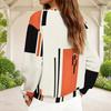 Women Plus Size V Neck Front Zip Long Sleeve Geometric Printed Sweatshirt Off White Black Orange