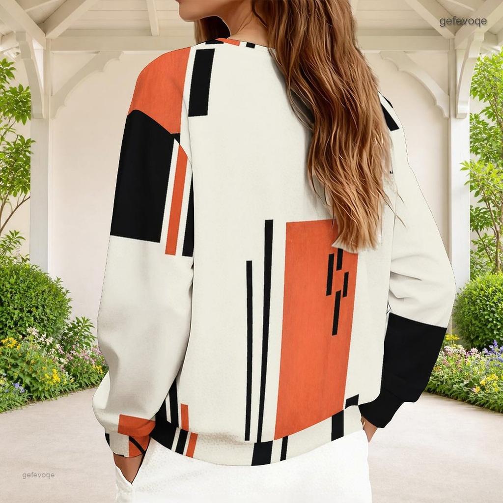 Women Plus Size V Neck Front Zip Long Sleeve Geometric Printed Sweatshirt Off White Black Orange