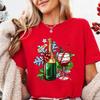 Lumières de Noël Verre à Vin Rouge T-shirt Femme Mode Fête de Noël Tops Harajuku Esthétique Décontractée Hauts de Fête pour Femmes