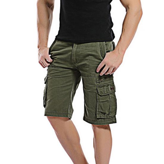 Men Cargo Shorts Mid-rise Button Zipper Closure Casual Shorts with Multi Pockets Solid Color