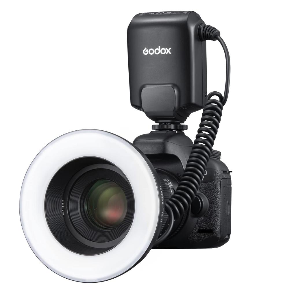 Godox Makro-Ringblitz Recycle 5800K Speedlite mit 8 Objektivadaptern Kompatibel mit und Panasonic ML-150II Blitz, Leitzahl 12, 0,1-2s Zeit, Ringe, Nikon, Sony,