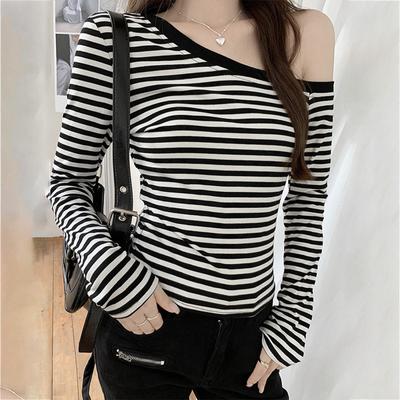 Sexy Shoulder Striped Slim Fit Long Sleeved T-Shirt With Off Shoulder Top