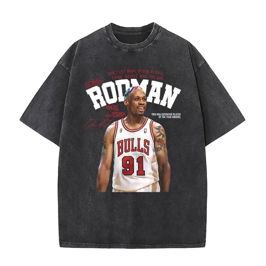 2026 Dennis Rodman Camiseta Lavada Vintage para Hombre y Mujer Genial Hip Hop Gótico Camisetas Oversize Cuello Redondo Moda de Alta Calidad Streetwear