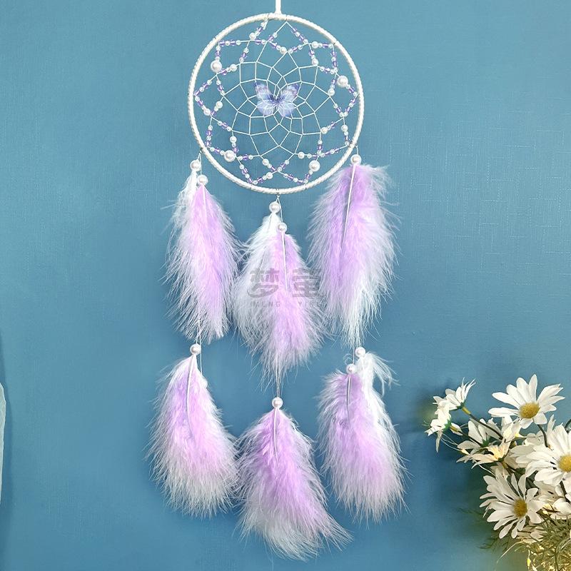 Butterfly Dream Catcher Pink Feather Pendant Creative Hand-woven Bedroom Curtain Hanging Ornaments Birthday Gift Home Decoration