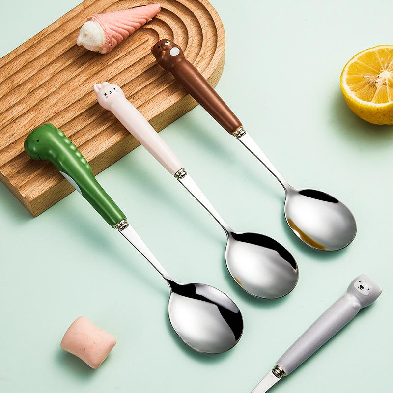 Dinnerware Set with Ceramic Handle Cartoon Animal Cutlery Set Stainless Steel Fork Dining Spoon Gift Kitchen Accessories