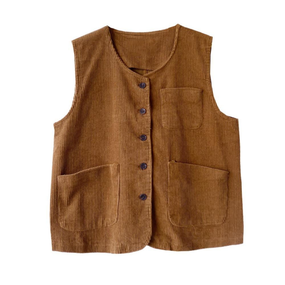 

Brown Vintage Corduroy Vests All Match Cropped Sleeveless Jacket Button-up Short Coats Female XL коричневый