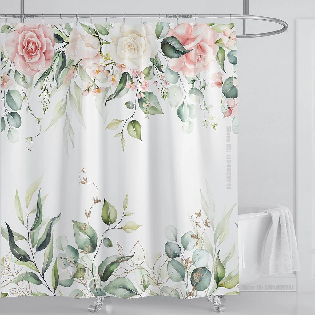 Watercolor Leaves On The Top Plant With Floral Bathroom Greenery Leaf Decoration Watercolor Botanical Shower Curtain With Hooks
