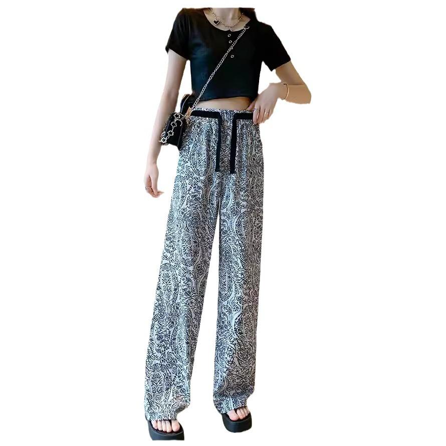Women's Plus Size Straight Thin Section Pant Summer Ethnic Style Loose Draping Printed Wide-legged Trousers Tide