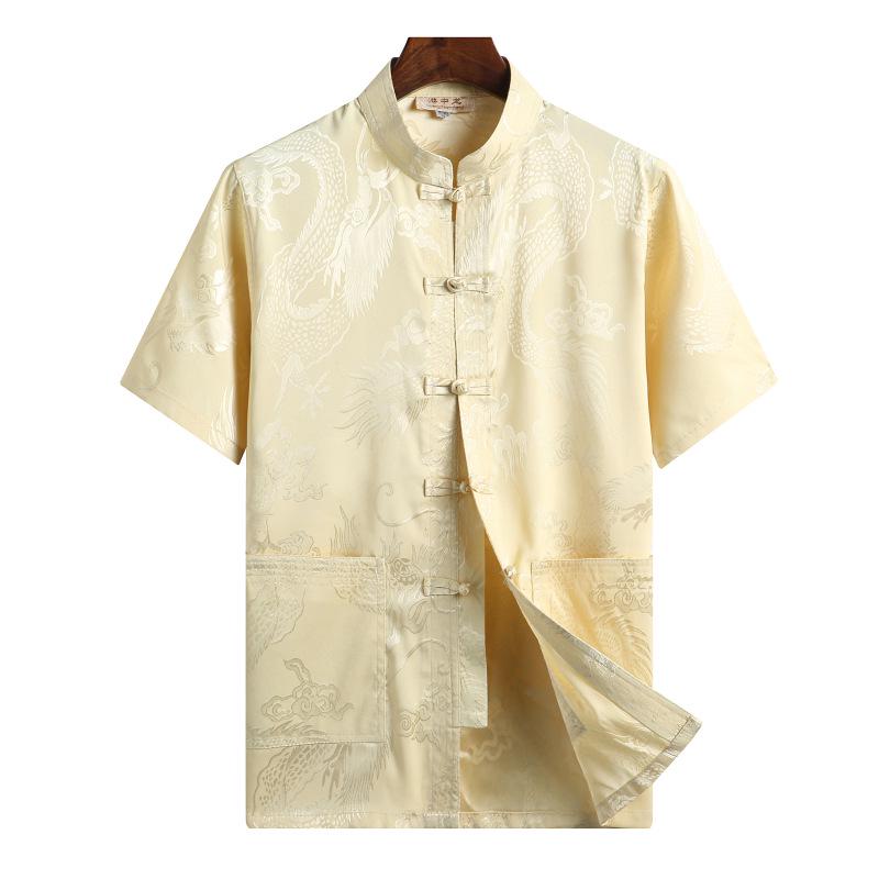 Silk Satin Dragon Tang Suit: Short-Sleeve Hanfu Shirt for Middle-Aged & Elderly Men, Lay Buddhist Attire with Frog Buttons