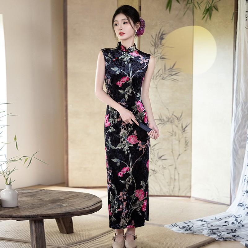 Elegant Velvet Sleeveless Cheongsam Dress Women Vintage Inspired Long Fit Modern Qipao Small
