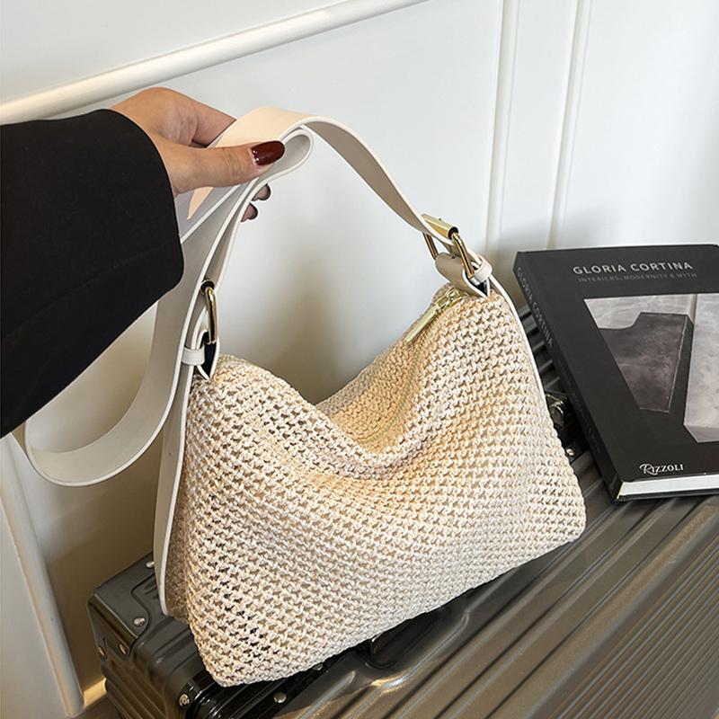 

Women Woven Bag Summer Beach Holiday Handbag Portable Tote Bag Fashion Casual Big Capacity Leather Rope Women Shoulder Bags 26x9x17cm бежевий