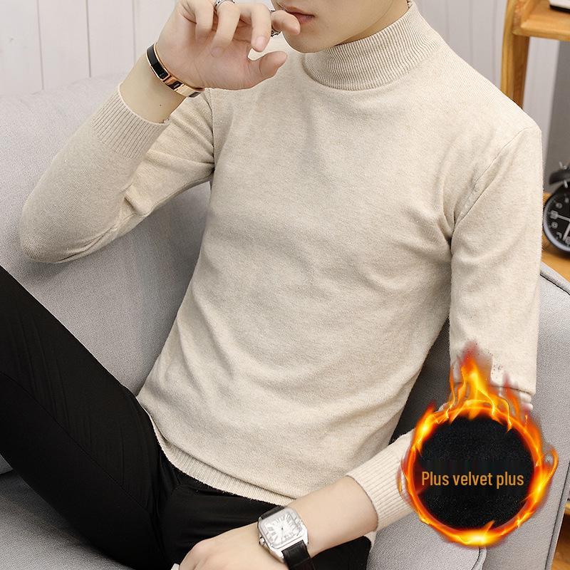 Men's Cross-Border Plus Size Velvet Thick Sweater, Autumn/Winter Half-High Collar Pullover, Trendy Warm Knitwear