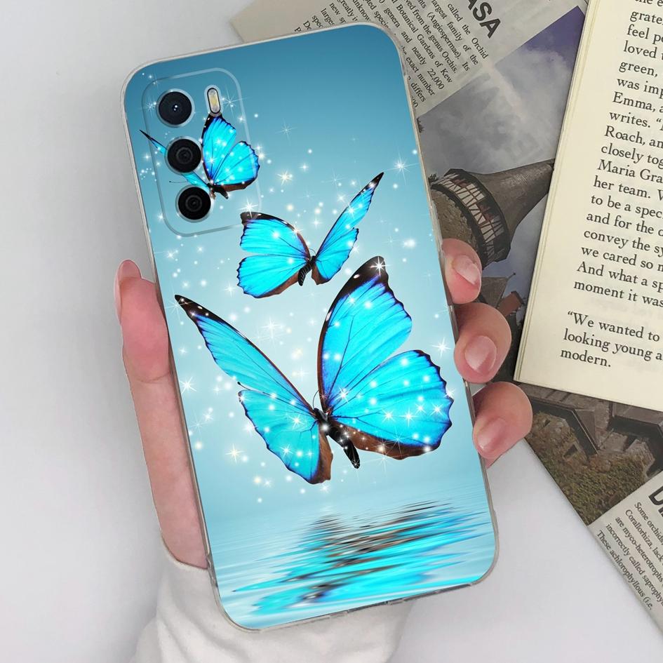 For Oppo A15 A15S A16 A16S A17 A17K A35 A58 Phone Cases Beautiful Blue Butterfly Flowers Pattern Transparent Silicone Anti Slip Housing For Oppo Shell