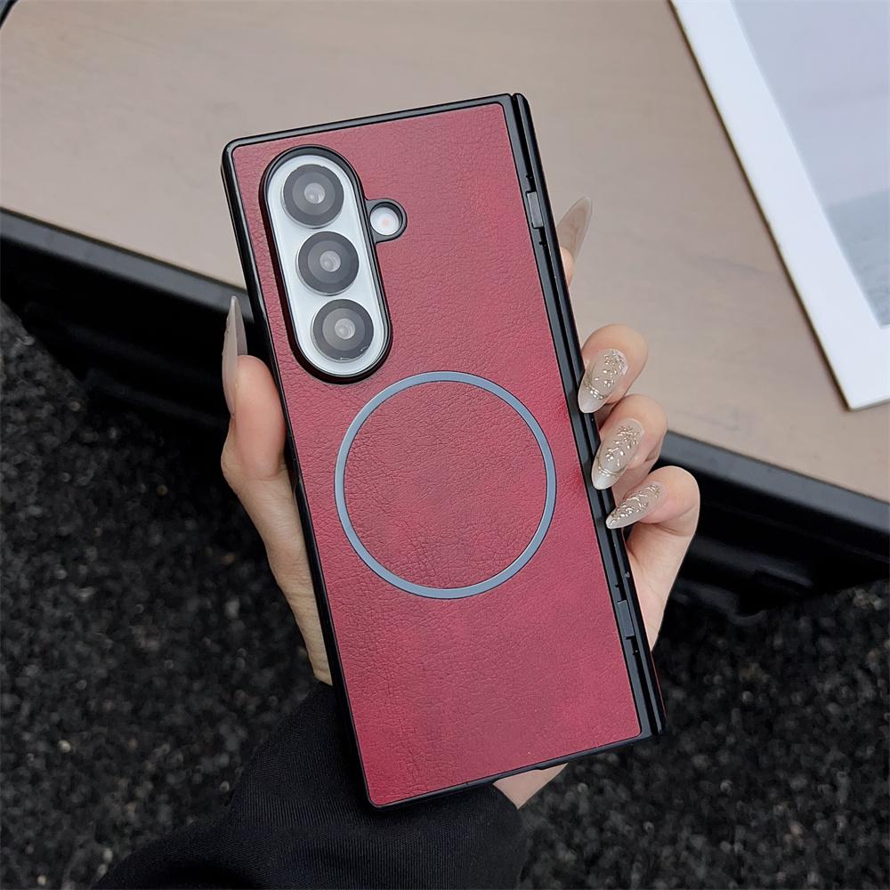 Leather Magnetic Phone Case for Samsung Galaxy Fold 7 6 5 4 3 ZFold7 ZFold6 Wireless Charge Hinge Protective Hard Cover