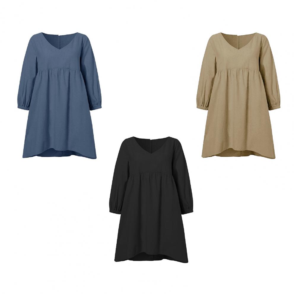 Women Casual Shirt V-Neck Pleated Lantern Long Sleeve Top Solid Color Loose Fit Mid-length Pullover Tops Streetwear