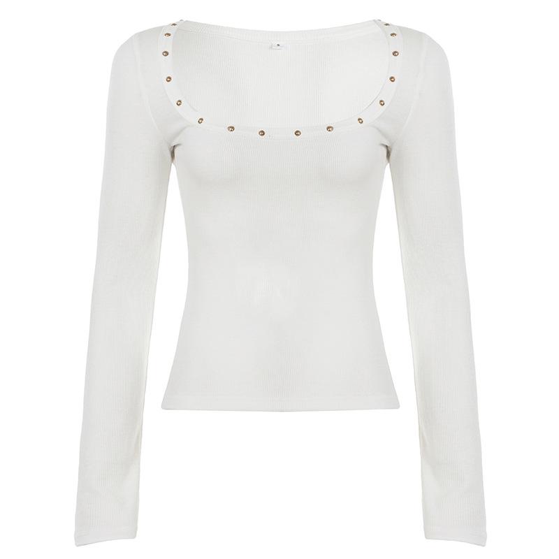 American Rivet U-Neck Slim Fit Women s Long Sleeve Top, 2025 Autumn/Winter Collection - New Arrival Large белый