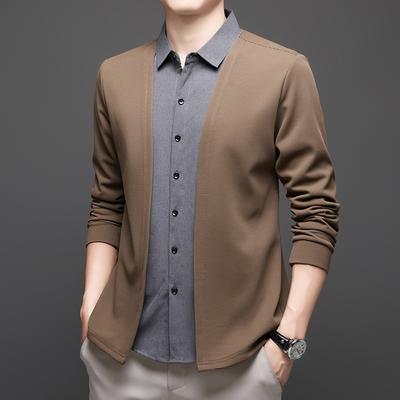 Spring and Autumn Hottest Men's Fake Two-piece Lapel Shirt Thin Cardigan Casual and Versatile Business Knitted Sweater