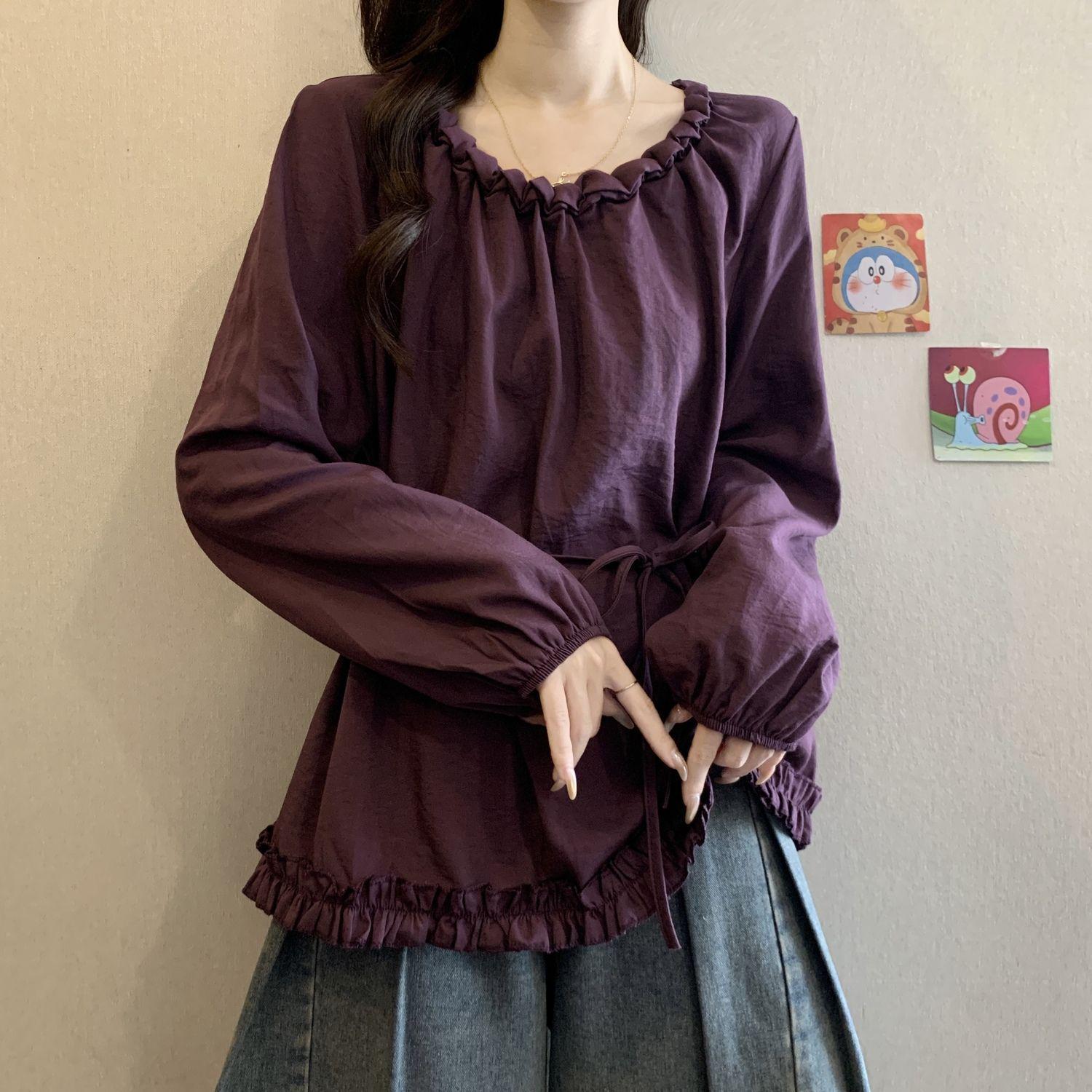 

Plus Size Ruffle Waist-Cinching Versatile Women s Shirt - Slimming and Concealing Top for Spring/Autumn M (suggested 80-100 lbs) фиолетовый