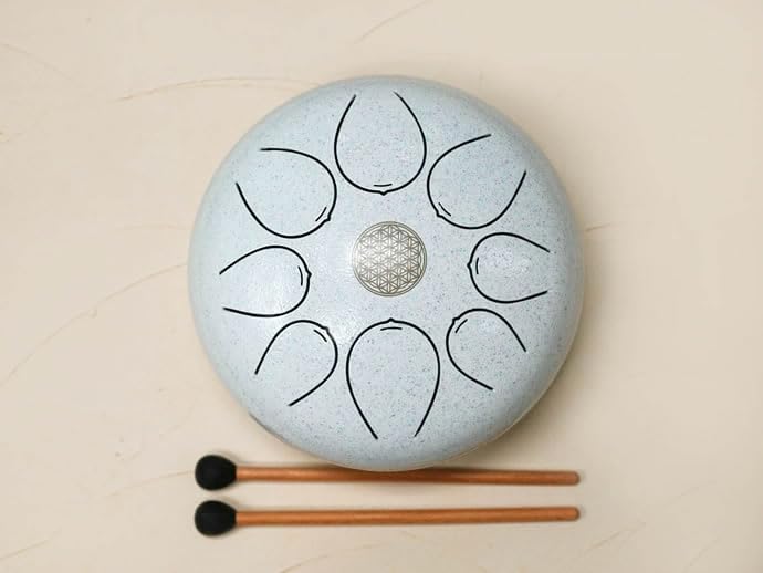 Healing Drum, Steel Tongue Drum, 8 Notes, Flower of Life Design, 30cm, Meditation, Yoga, Music Therapy, Includes Mallets and Storage Bag