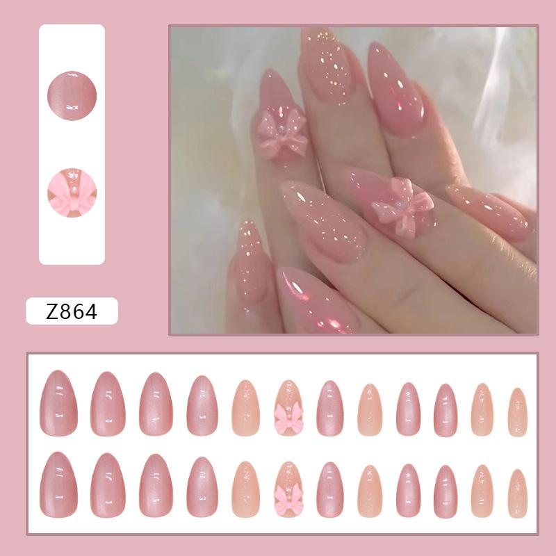 24 Pieces Nail Patch Fake Nail Bow Removable Fairy Solid Color Ins Wind Wearing Nail Sweet Pink Nail Art
