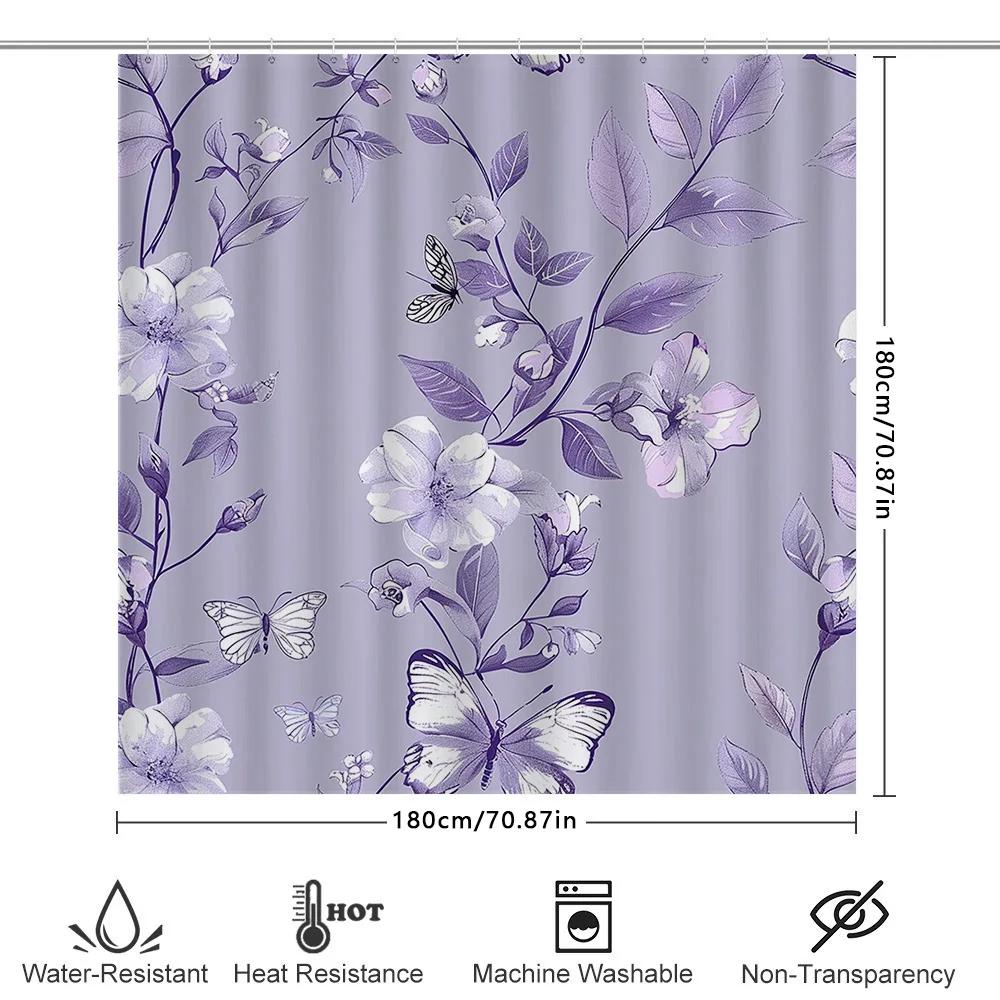 Vintage Purple Floral Shower Curtain Waterproof Durable Home Decor For Bathroom Beautiful Butterfly Print Perfect Gift Idea
