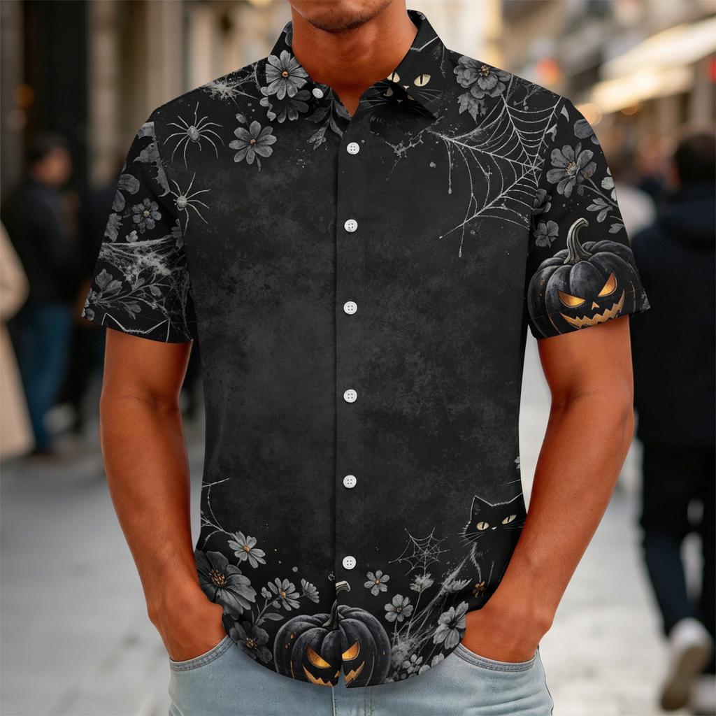 Men's Halloween Print Vintage Texture Button Down Cardigan, Loose Fit Breathable Summer Streetwear Casual Shirt