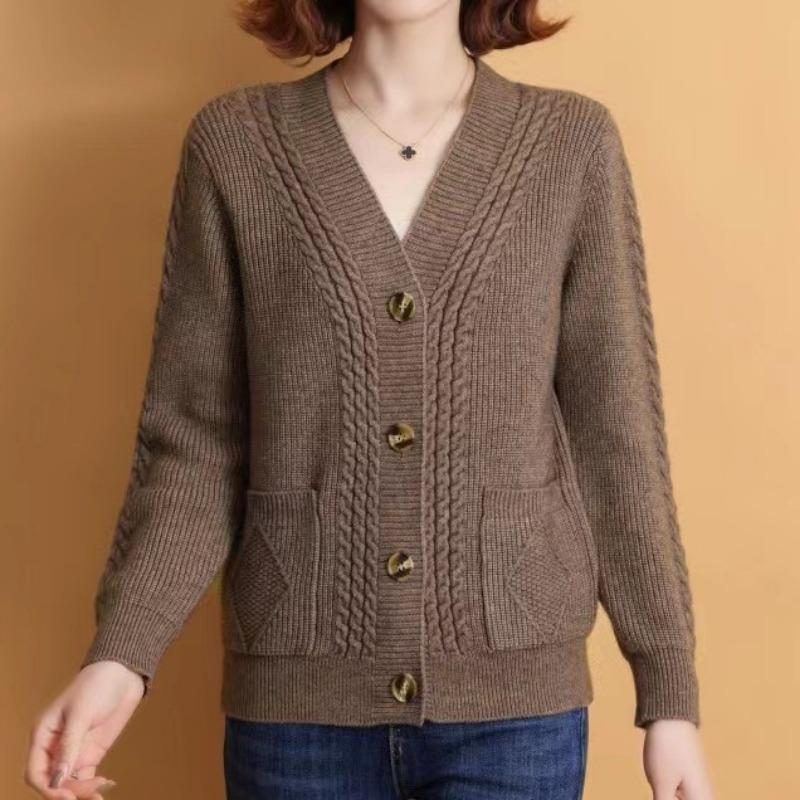 Herbst Winter Locker Lässig Einfarbig Strickmantel Damen V-Ausschnitt All-Match Knöpfe Pullover Oberteil